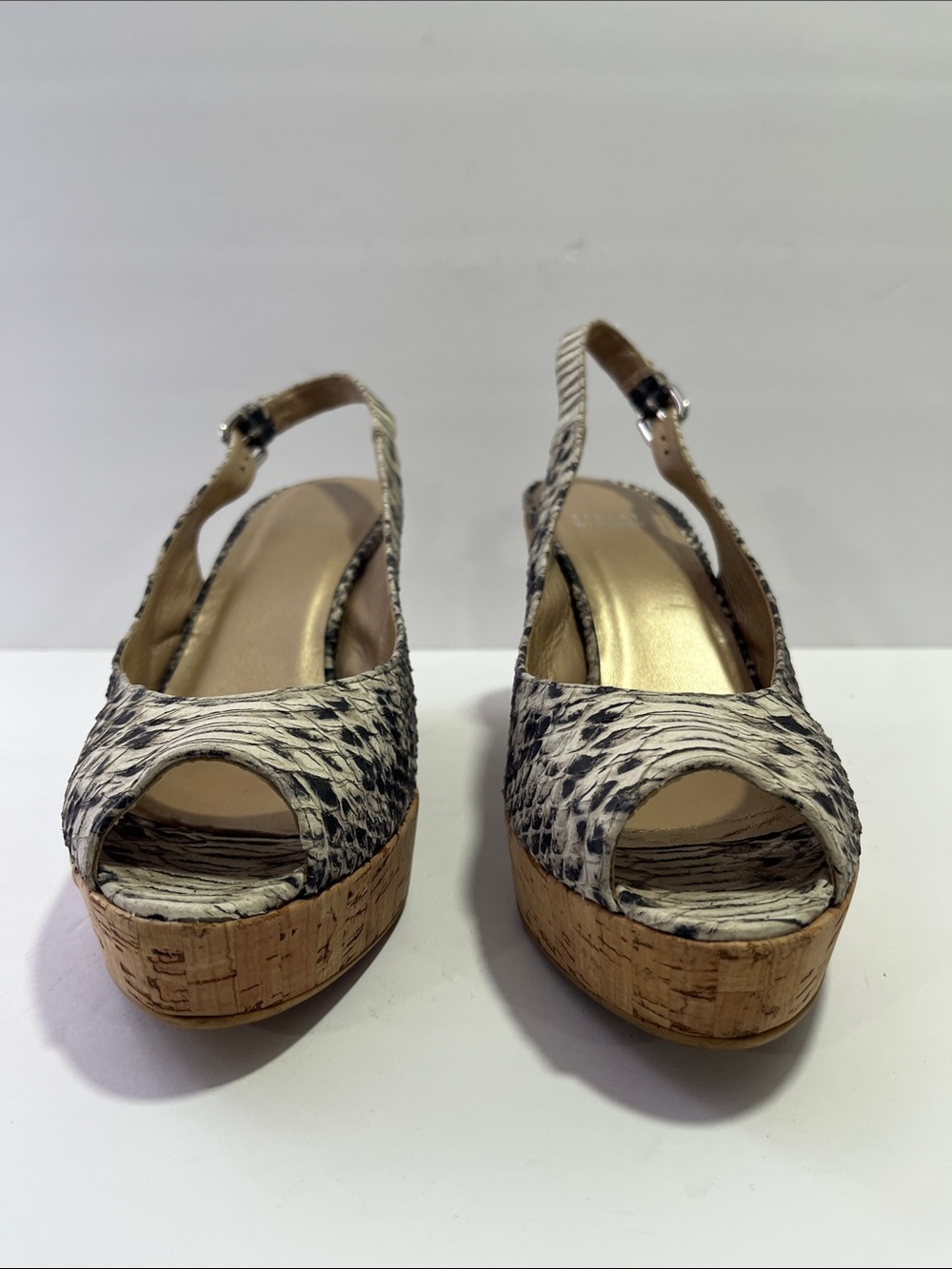 Stuart Weitzman Snake-Print Cork Wedge Slingback Sandals - Black & Cream Sz 9.5 - Picture 5 of 8